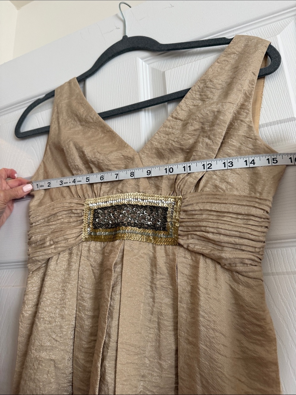 BCBGMaxAzria Gold V-Neck Ruched Waist Cocktail Dress - Picture 9 of 9